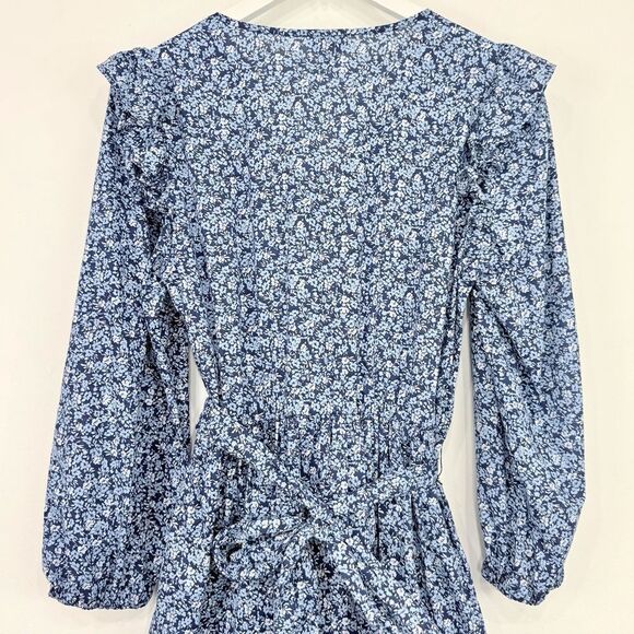 J. Crew Factory Blue Floral Ruffle Shoulder Puff Sleeve V Neck Mini Dress - Picture 11 of 16